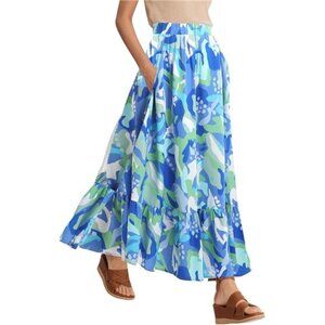 Women's Flowy Boho A-Line Pleated Maxi Skirt Blue